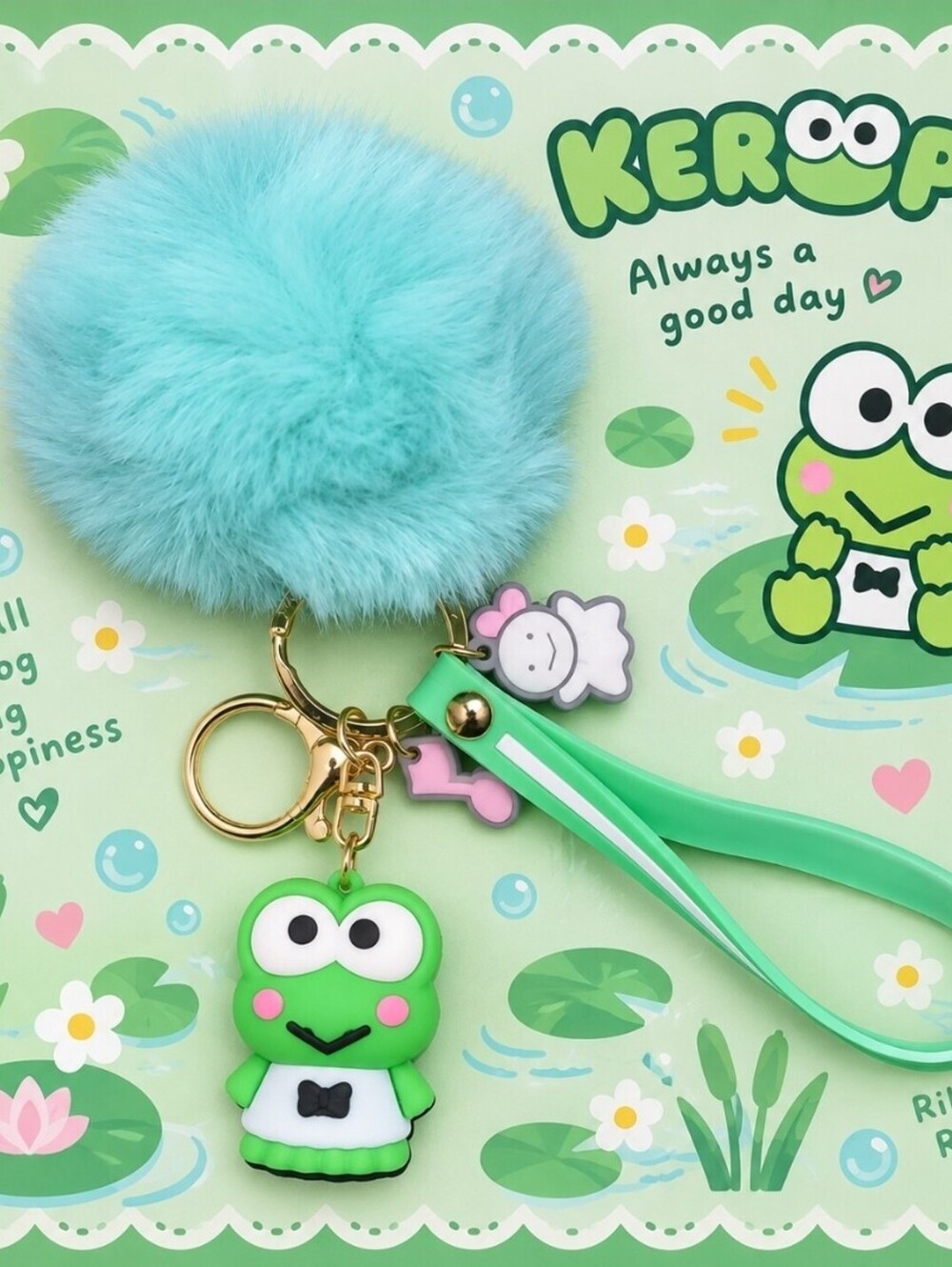 Hello Kitty Keroppi Green Puff Ball Charm Keychain Bracelet